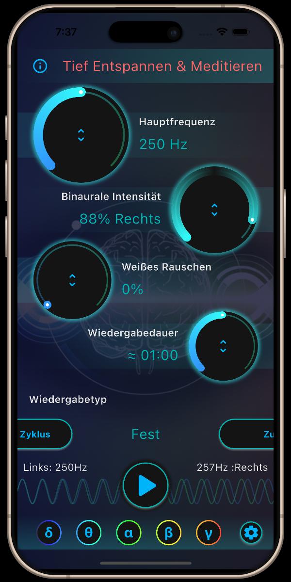 Neuro-Klänge App - Hauptbildschirm - Tief Entspannen & Meditieren