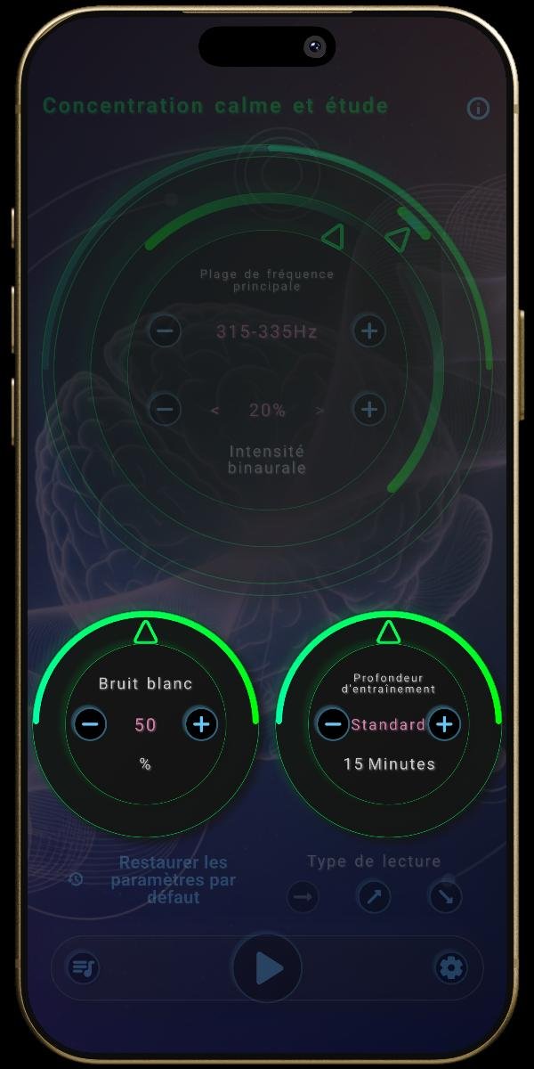 Application NeuroSons - Paramètres de l'état mental - Bruit blanc et profondeur d'entraînement