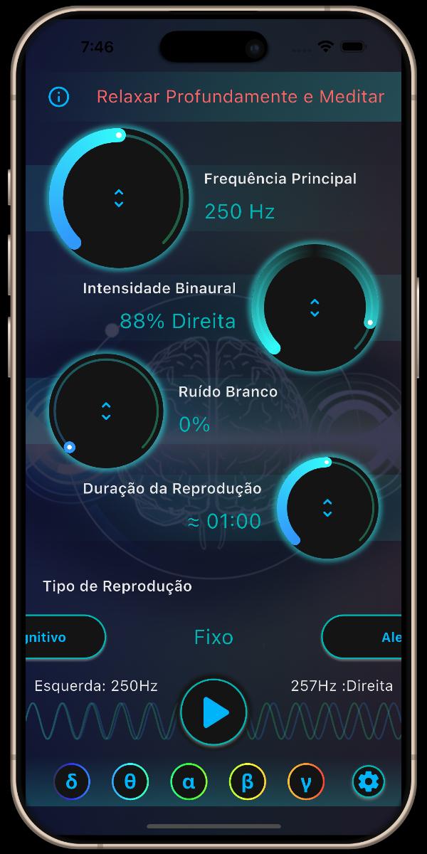 NeuroSons App - Tela Principal - Relaxar Profundamente e Meditar