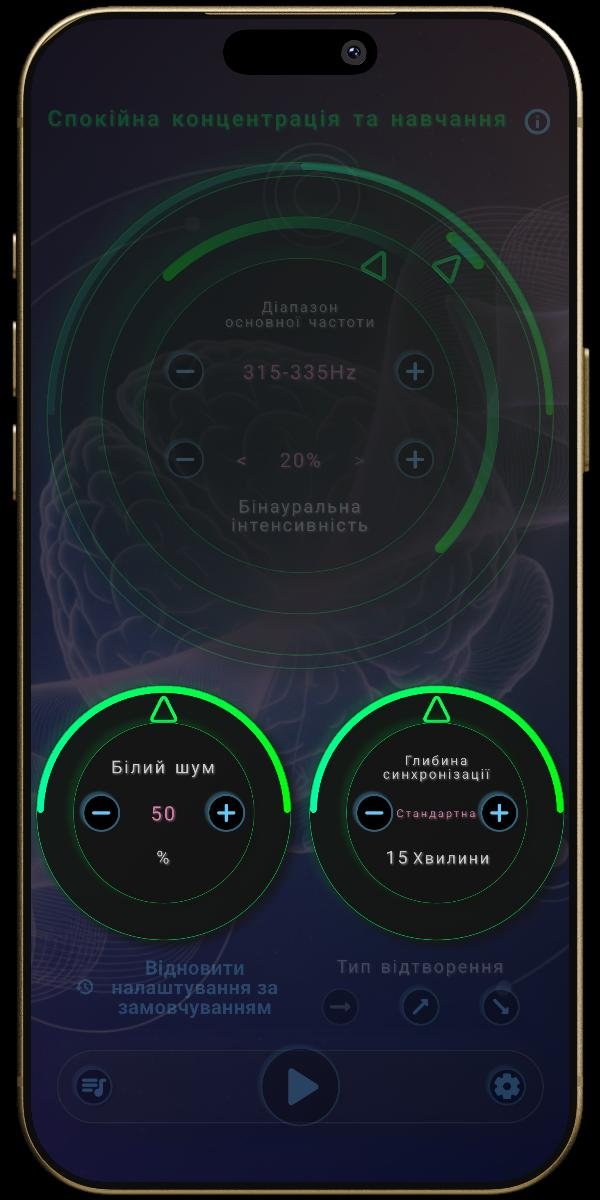 Додаток НейроЗвуки — Налаштування ментального стану — Білий шум та глибина синхронізації